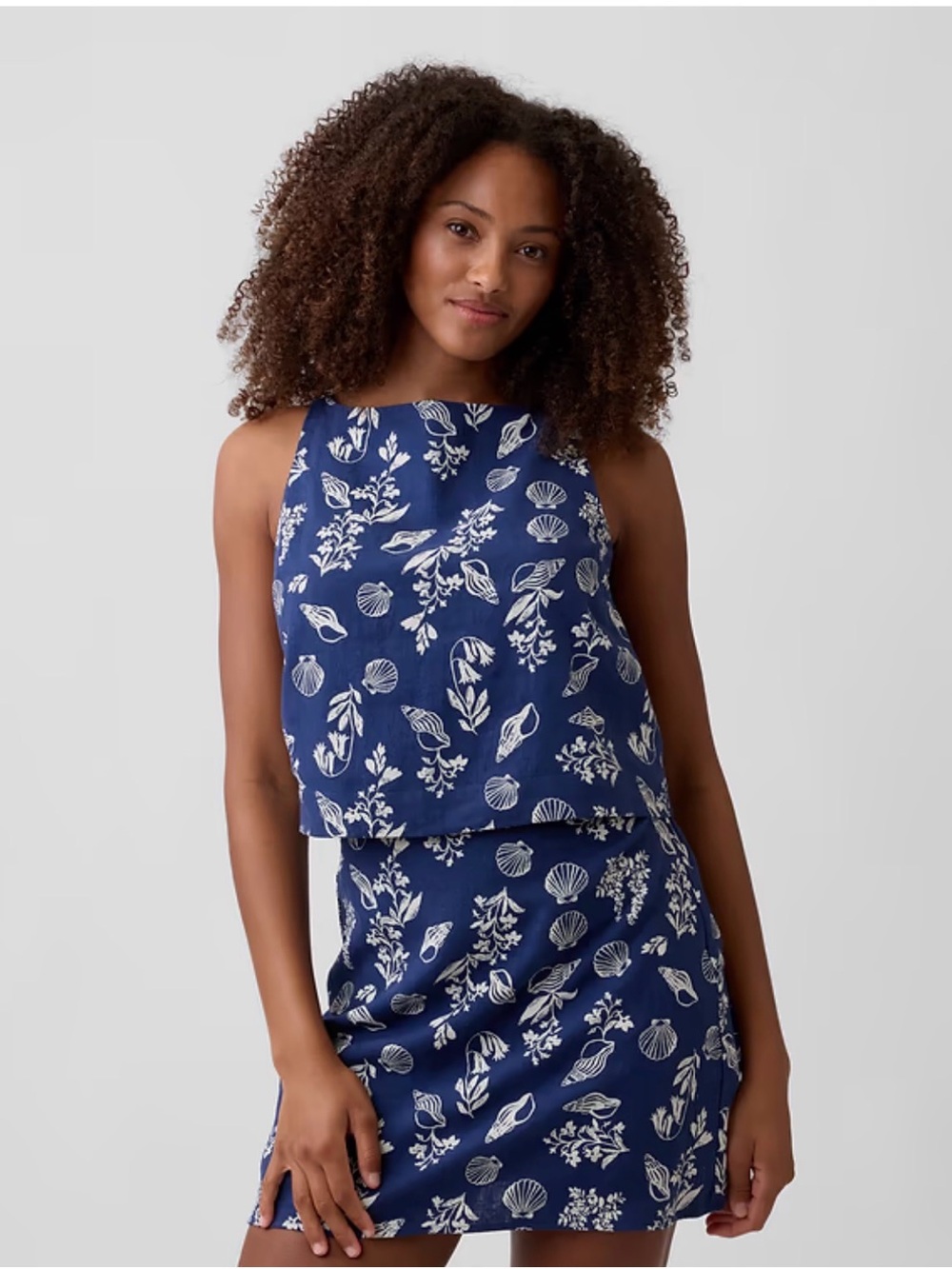 GAP Linen Blend Blue/White Shell 2-Pc Outfit Set Sleeveless Button Top & Skirt M